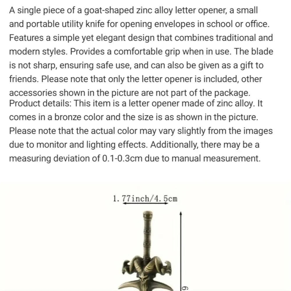 Bronze sword letter opener ram head dagger stationary